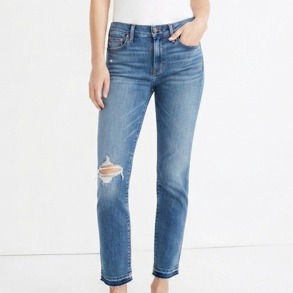 Madewell Alley Straight Jeans Womens 30 Blue Distressed Raw Hem Denim